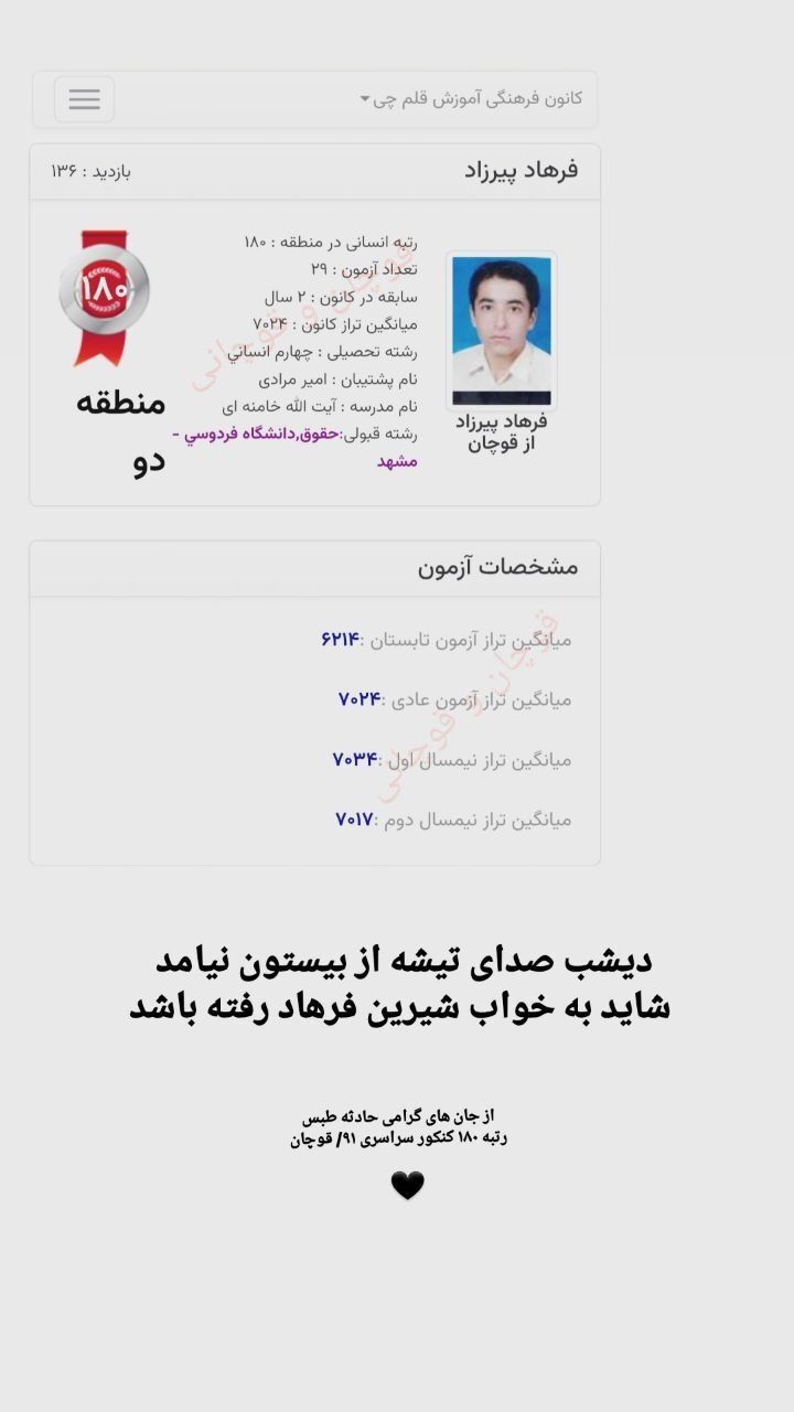 عکس قابل تامل از رتبه کنکور جان‌باخته معدن طبس 